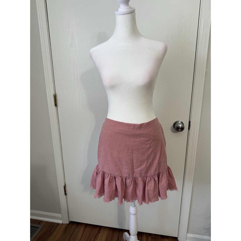 CALI 1850 Los Angeles Dusty Pink Linen Inspo Ruffle Fringe Skirt Boho Festival